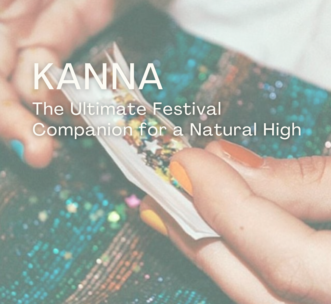 A close-up of a pA  paper filled with colorful glitter, with nails painted in vibrant festival colors. The background features shimmering sequined fabric. Overlaid text reads: "KANNA - The Ultimate Festival Companion for a Natural High."