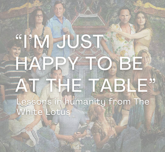 Drawing of the case of season 3 of the white lotus with the text overlay: "I'm just happy to be at the table: Lessons in humanity from The White Lotus"