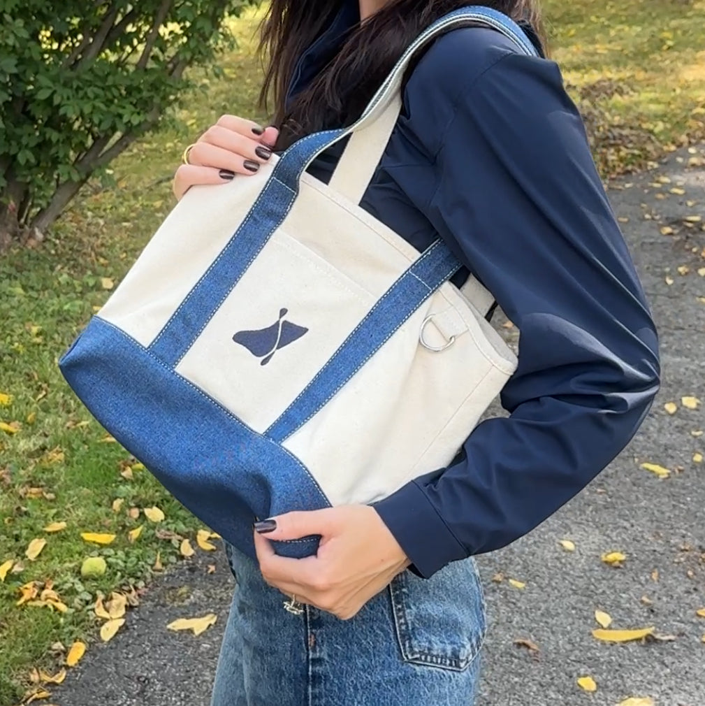 Good Psyche East Coast tote with logo embroidery and denim on a canvas bag.