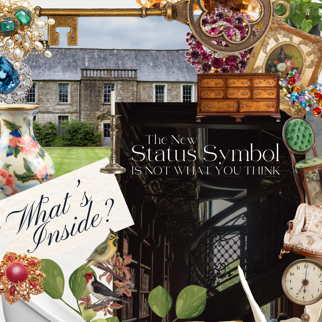 Collage of decorative items with text overlay about the new status symbol.