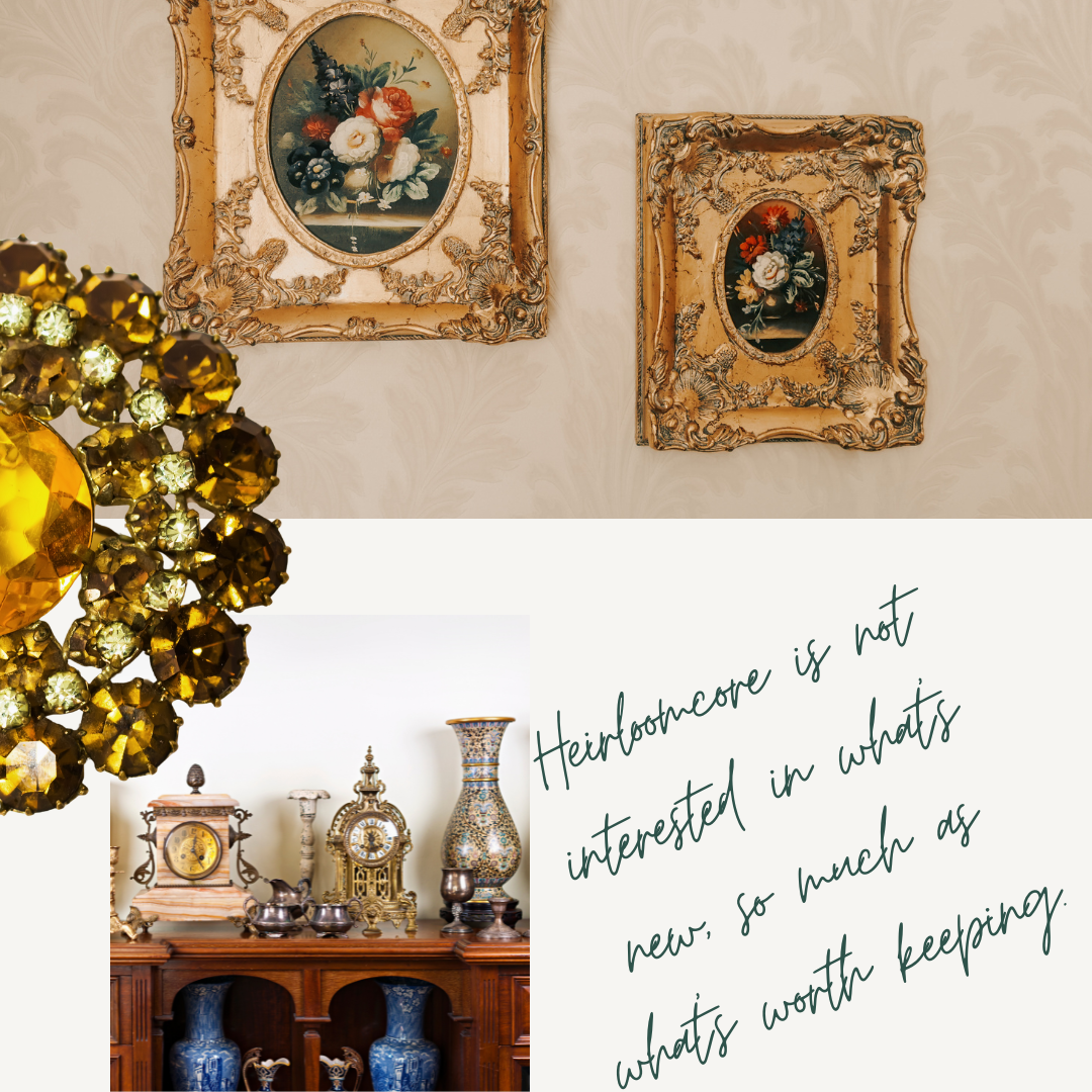 From Good Psyche magazine: Two ornate framed artworks on a wall with decorative antique and heirloom items below.