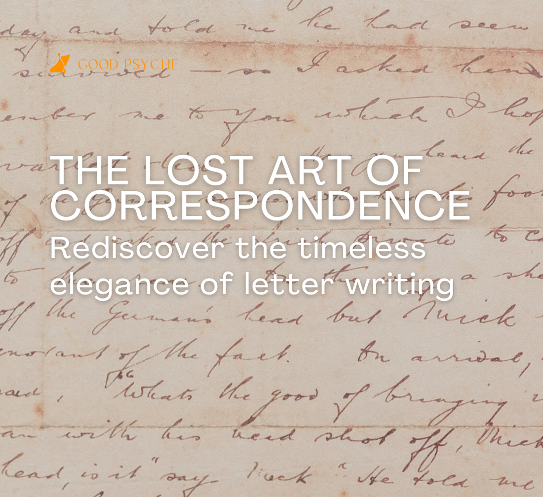 A photo of a handwritten letter in the background with the text "the lost art of correspondence: the timeless elegance of letter writing" 