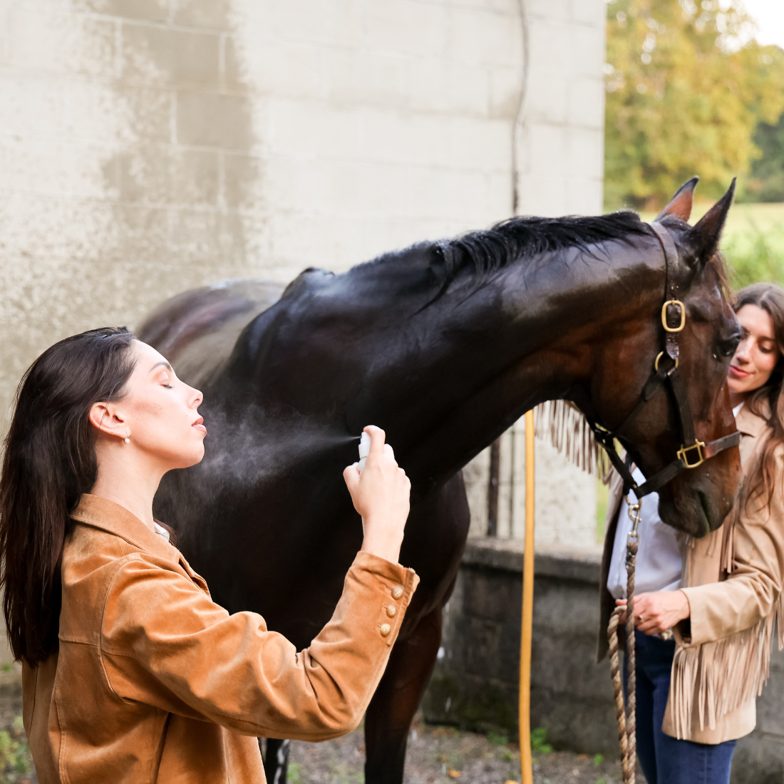 A women misting her face with Glisten Up tremella mushroom hydrating face mist while another woman bathes her horse. 