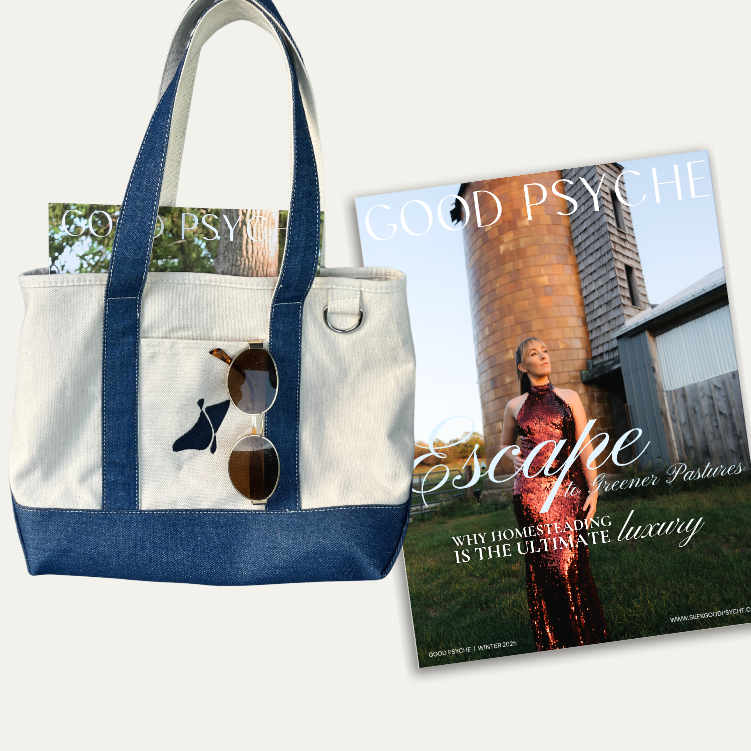 Tote bag with sunglasses and a magazine titled 'Good Psyche' on a white background