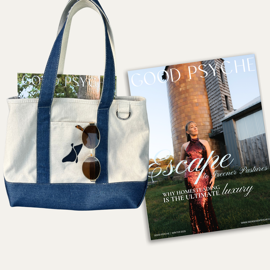 Tote bag with sunglasses and a magazine titled 'Good Psyche' on a white background
