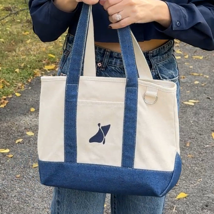 Person holding a blue and white tote bag with the Good Psyche on a road.